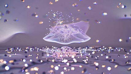 Poster - Glowing particles fall onto a reflective surface, creating iridescent waves and a mesmerizing interplay of light and reflections in a seamless loop
