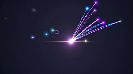 Poster - Luminous point radiating bright, colorful particles expanding dynamically across dark background, tracing elegant curved trajectories with vibrant energy and visual movement