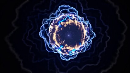 Poster - Abstract energy sphere is transforming, evolving, and emitting light, creating a visually captivating display of energy in motion against a black backdrop