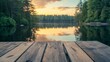 © ThisDesign - Rustic wooden table on a lakeside dock, calm river waters reflecting the trees, soft golden hour lighting generative ai