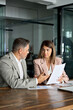 © insta_photos - Professional leaders having corporate discussion planning strategy. Two busy executive business managers working on laptop computer discussing financial accounting document at office meeting. Vertical