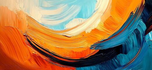 Poster - Energetic artistic expression with expressive paint strokes in shades of orange, yellow and blue for vibrant abstract background and contemporary decoration.