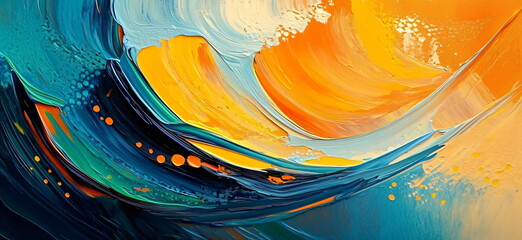 Poster - Energetic artistic expression with expressive paint strokes in shades of orange, yellow and blue for vibrant abstract background and contemporary decoration.