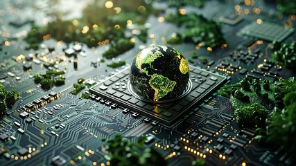 Fototapete - Digital representation of Earth on a circuit board with vibrant green details and glowing lights