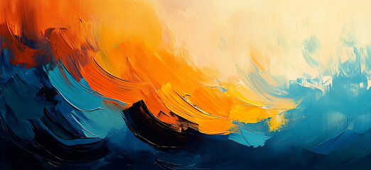 Poster - Energetic artistic expression with expressive paint strokes in shades of orange, yellow and blue for vibrant abstract background and contemporary decoration.