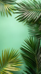 Poster - Lush palm leaves in varying shades of green and yellow elegantly frame a tranquil aqua backdrop. This composition evokes a sense of calm and invites an escape into nature's greenery