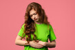© kohanova1991 - Young woman squeezing belly with hands. abdominal pain, suffering stomach ache