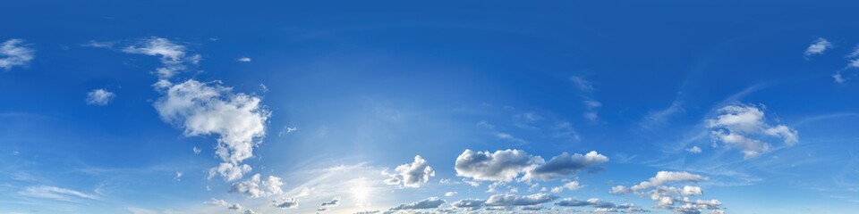 Wall Mural - blue sky hdri 360 panorama with pink clouds before sunset with zenith for use in 3d graphics as sky 