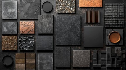 Poster - An artistic arrangement showcases various textures and patterns of materials, emphasizing contrasts in color and design. Intricate details invite viewers to appreciate creativity and innovation