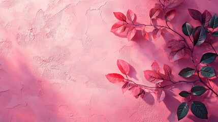 Poster - Soft shadows of rose leaves cascade over smooth pink concrete, creating a harmonious blend of nature and art. The warm colors evoke a tranquil ambiance, inviting reflection
