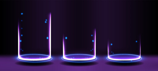 Poster - Colorful glowing rings of light display in a dark space with floating particles.