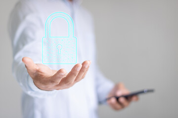 Aufkleber - Data protection privacy concept. Business man hand holding a lock padlock icon. Cyber security computer network. Internet technology networking system. Protecting personal data information on tablet.