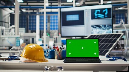 Poster - green screen laptop in photovoltaics facility used for analyzing data and reviewing system metrics. 