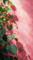 Aufkleber - Lush green leaves delicately cascade against a backdrop of a pastel pink wall, capturing a harmonious blend of nature and design in an artistic display