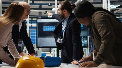 Poster - photovoltaics factory industrial production managers looking over schematics, planning work on facil