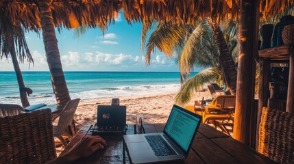 Tropical workspace: Digital nomad coding on a laptop at a breathtaking beach cafe