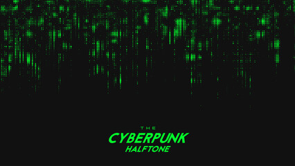 Poster - Abstract vector green cyberpunk halftone sound wave. Scrathed dotted texture element.