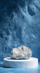 Poster - A striking podium featuring a raw rock sits gracefully against a textured blue backdrop, highlighting the harmony between nature and contemporary design, perfect for a product exhibition
