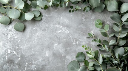 Poster - Natural green eucalyptus branches are gracefully arranged on a smooth gray surface, their textures and shades harmonizing to evoke a calming and refreshing ambiance. Ideal for decor inspiration