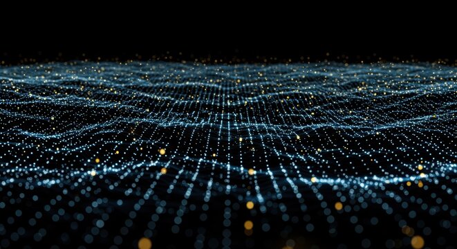 A mesmerizing digital landscape of blue and golden shimmering dots, depicting illusionary waves on a dark background, perfect for technology and futuristic themes.