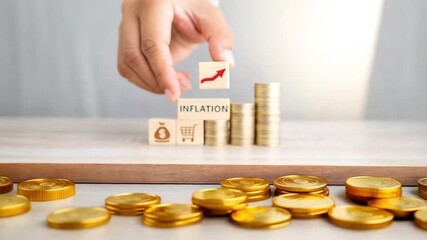 Poster - Hand placing block with arrow on inflation blocks near coin stacks on wooden surface indoors