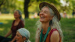 © SB4 GM - Laughter yoga session with friends in a park - Joyful and dynamic, vibrant greenery, candid and lively shot