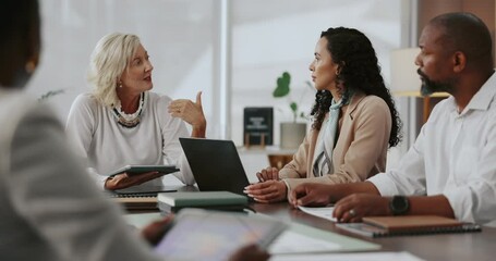 Aufkleber - Business people, meeting and conversation with planning, laptop and cooperation with investment. Employees, seminar or workshop for skills, financial firm and documents with discussion or economy