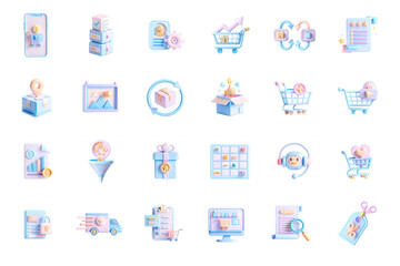 Aufkleber - A colorful array of pastel-themed 3D icons depicting various tools and items related to shopping, organization, and technology. Ideal for modern design projects.