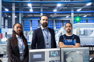 Poster - portrait of smiling photovoltaics factory workers optimizing production flow. cheerful sustainable e