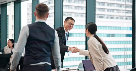 Poster - Handshake, business people and bow in agreement for respect, deal and success in meeting or office. Partnership, negotiation and promotion for welcome, thank you or opportunity in company as employee