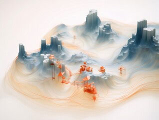 Poster - Abstract Three Dimensional Landscape with Geometric Pixelated Structures in Blue and Orange on White Background
