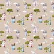 © Alyona Pugachova - Seamless pattern with European houses on beige background. Urban retro buildings with tile roof. Hand drawn illustration. Old town. Watercolor. Design for wallpaper, postcards, packaging, stationery..