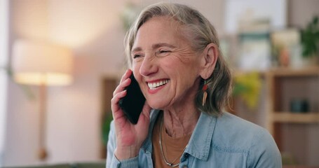 Aufkleber - Mature woman, phone call and cheerful for communication, conversation or happiness in home with laugh. Female person, mobile technology and talking for connection, speaking or gossip in house for joy