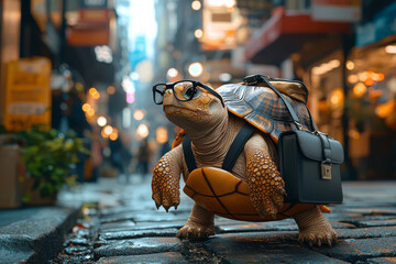 Poster - turtle wearing glasses and carrying briefcase hurries down city street checking watch for punctualit