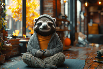 Poster - Sloth dressed as yoga instructor teaching poses slowly but effectively demonstrating mindfulness techniques. Concept of slow living philosophy.