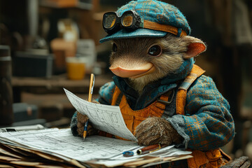 Poster - platypus dressed as engineer designing bridge blueprints using drafting tools and ruler precision pl