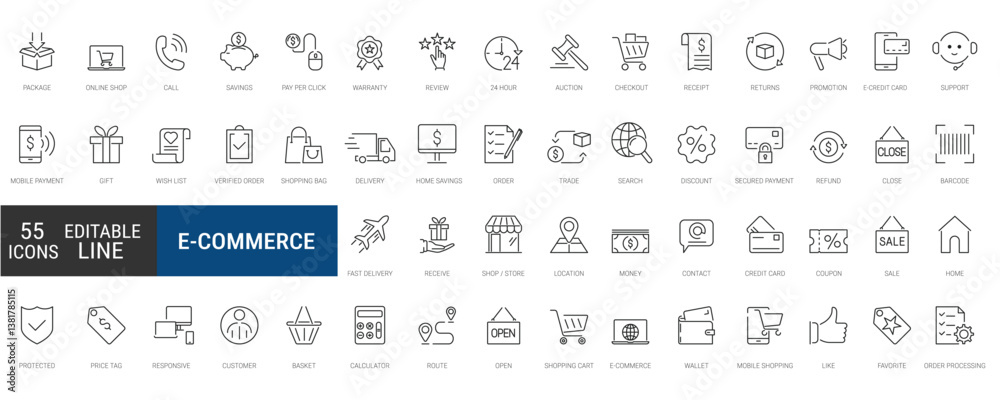 E-commerce, web icon set - online shopping, delivery, and payment icons ...