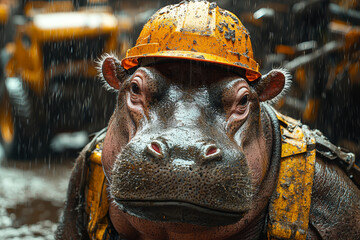 Poster - hippo working as construction worker wearing hard hat operating heavy machinery safely on building s