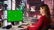 © DC Studio - Adult woman typing on pc with chroma key screen at her loft desk, engaging in online work, multitasking efficiently and embracing the flexibility of remote tasks in a home setting. Camera B.