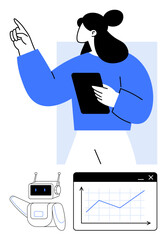 Poster - professional holding tablet gestures near robot and graph screen, highlighting ideas of analytics, a