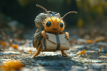 Aufkleber - Ant dressed as postal worker delivering letters mailbag slung over shoulder ensuring timely communication deliveries. Concept of postal services.
