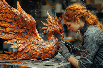 Poster - A woman welding a sculpture shaped like a rising phoenix. Concept of reclamation and transformative power.