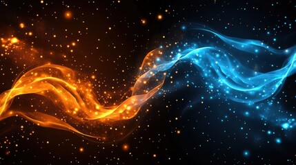 Poster - Abstract glowing orange and blue particle waves with dots, stars, and lines. Futuristic digital technology background for banners, posters, or presentations.