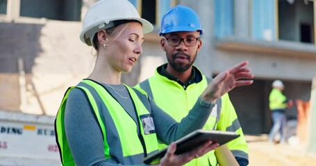 Poster - Architect, people and discussion with tablet for construction planning, site inspection and architecture design. Staff, digital blueprint and communication of maintenance, safety schedule and project