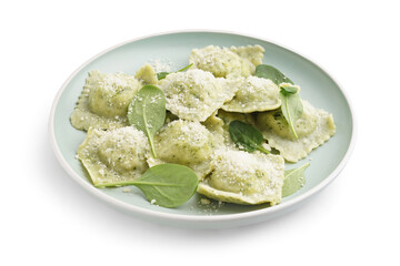 Wall Mural - plate of tasty ravioli with spinach and cheese on white background