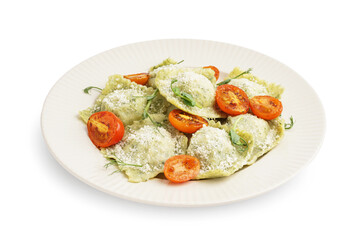 Wall Mural - plate of tasty ravioli with tomatoes and cheese on white background