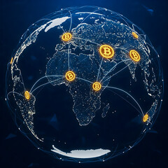 Poster - A digital globe with golden Bitcoin symbols connected by white lines, set against a dark background, illustrating a global network. Generative AI.