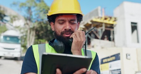 Poster - Construction, tablet and man with radio in communication for progress report, info and site update. Development, worker and talking with technology for digital blueprint, review and civil engineering