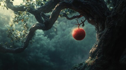 Glowing Fruit Hanging From Tree Branch in Mystical Woodland