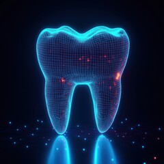 Poster - Futuristic Wireframe Tooth in Neon Blue Light on Dark Background 3D Render